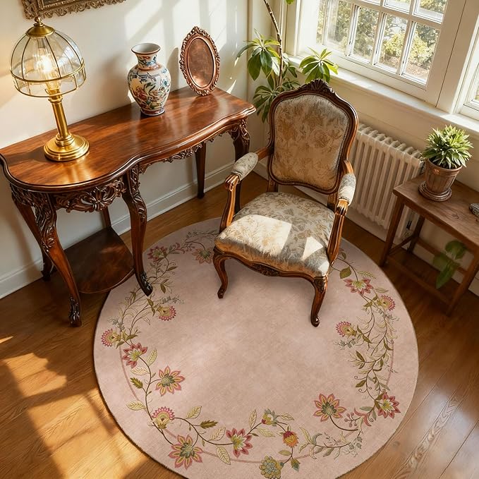 Washable Bedroom Round Rug 4ft: Living Room Circle Rug Stain Resistant Non Slip Low Pile Soft Faux Wool Small Area Rugs for Bedroom Kitchen Entryway Bathroom Kids Room Entrance Nursery Dorm Office