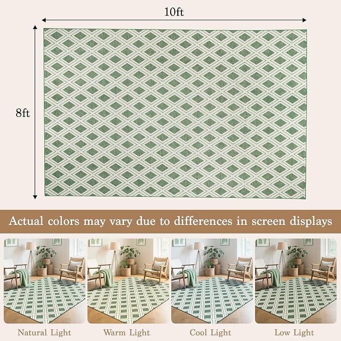 LBRO2M Machine Washable Rug Soft Pet Friendly Carpet 8X10 Green | Checkered Rug 8X10 for Living Room, Bedroom, Dining Room, Home Office, Non Slip Carpet, Foldable Stain Resistant Rugs