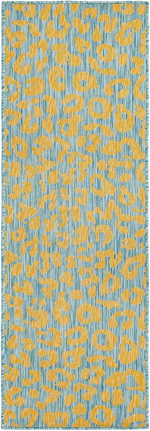 Unique Loom Outdoor Safari Collection Area Rug - Leopard (2' x 6' 1" Runner, Blue Yellow/ Blue)