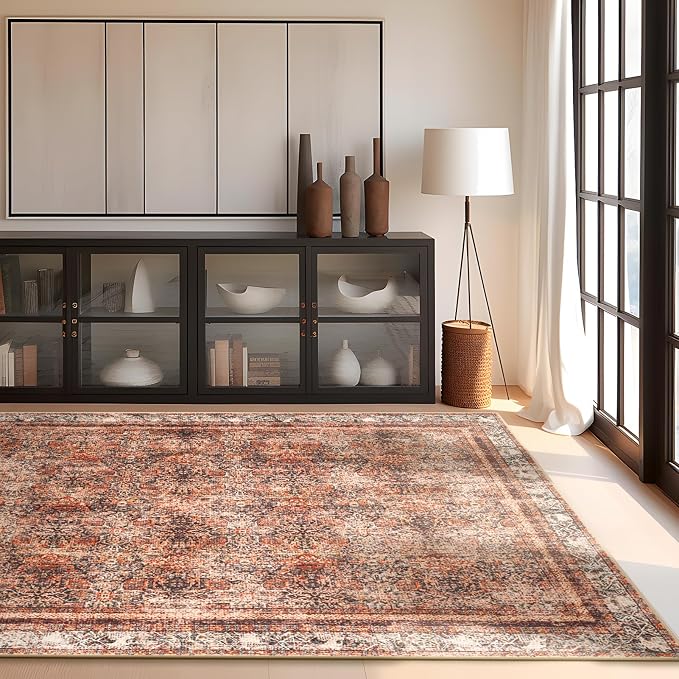 Phantoscope Washable Area Rug 5'x7' Non-Slip, Vintage Neutral Xmas Rugs for Living Room, Bedroom, Dining Room, Distressed Boho Floral Medallion Pattern, Low-Pile Foldable Floor Carpet, Brick Red/Black
