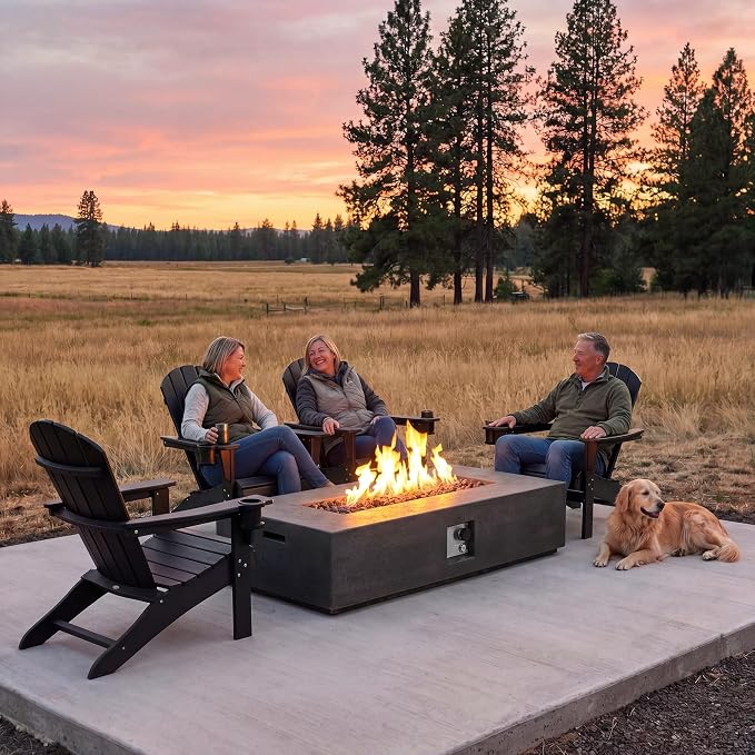 COSIEST 56-inch x 28-inch Outdoor Propane Fire Pit Coffee Table w Concrete Rectangle Base, 50,000 BTU, Free Lava Rocks and RainCover, Fits 20lb Tank Outside, Gray