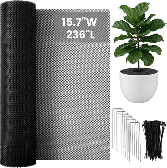 Cuttable Plant Pot Grid Set, 15.7" W x 236" L Indoor Plant Protector from Cats, Pot Soil Cover Protector from Animals with Stakes & Zip Ties for Garden Balcony, Fits Different Pot Sizes(Black)
