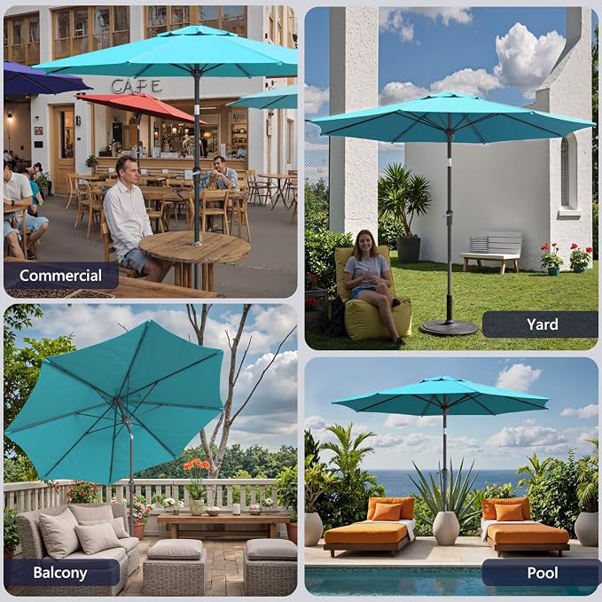 Outdoor Patio Umbrella with One Push Button Tilt and Crank, 8 Sturdy Ribs Market Table Umbrella