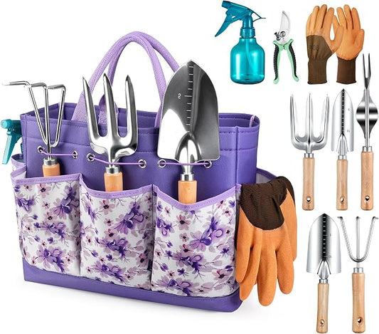 Grenebo Gardening Tools 9-Piece Heavy Duty Garden Hand Tools with Fashion and Durable Garden Tools Organizer Handbag, Rust-Proof Garden Tool Set, Ideal Gardening Gifts for Women (Purple)