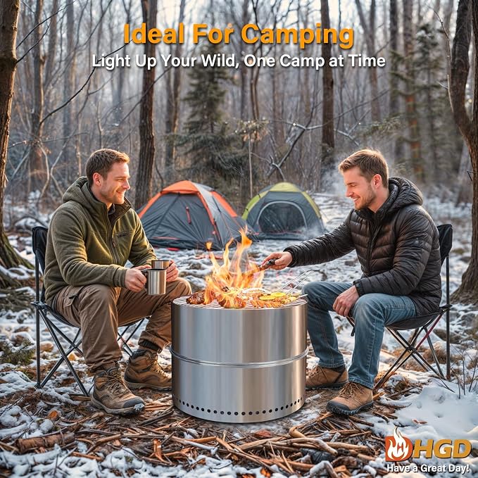 HGD 19.5 Inch Smokeless Firepit with Grill, Portable Wood Burning Fire Pit for Camping & Backyard, Stainless Steel Outdoor Fireplace with Travel Bag, Easy Setup & Compact Storage - Foldable Design