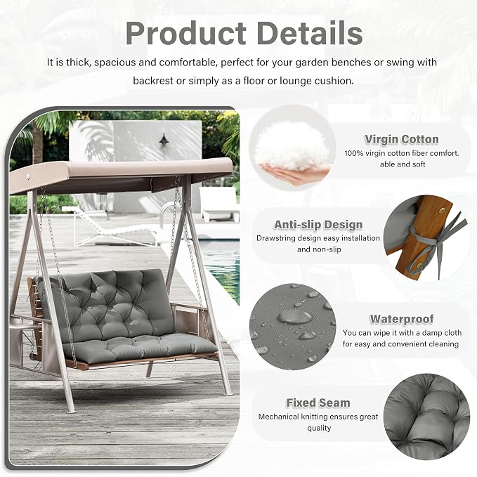 Porch Swing Cushion with Backrest,Waterproof Bench Cushion for Outdoor Furniture,2-3 Seater Replacement Thickened 5 in swing cushion,with Ties,Patio,Outdoor,Backyard and Garden (Light Grey,40x40 in)