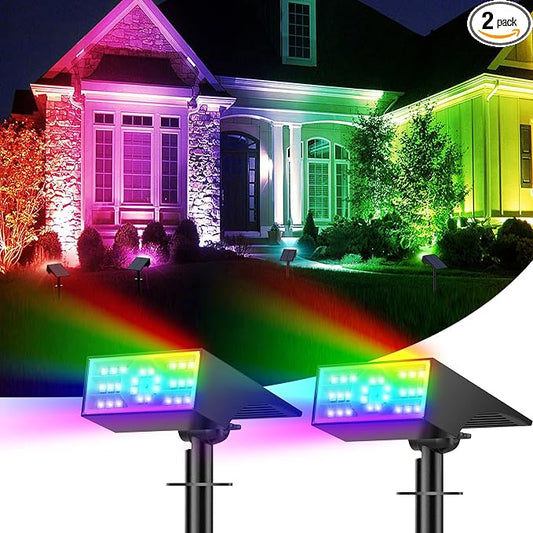 Solar Color Changing RGB Spot Lights Outdoor, 2 Pack/7 Lighting Modes Multicolor Outdoor Lights for Yard Waterproof IP68, Halloween Christmas Solar Landscape Powered Lights Garden Pathway