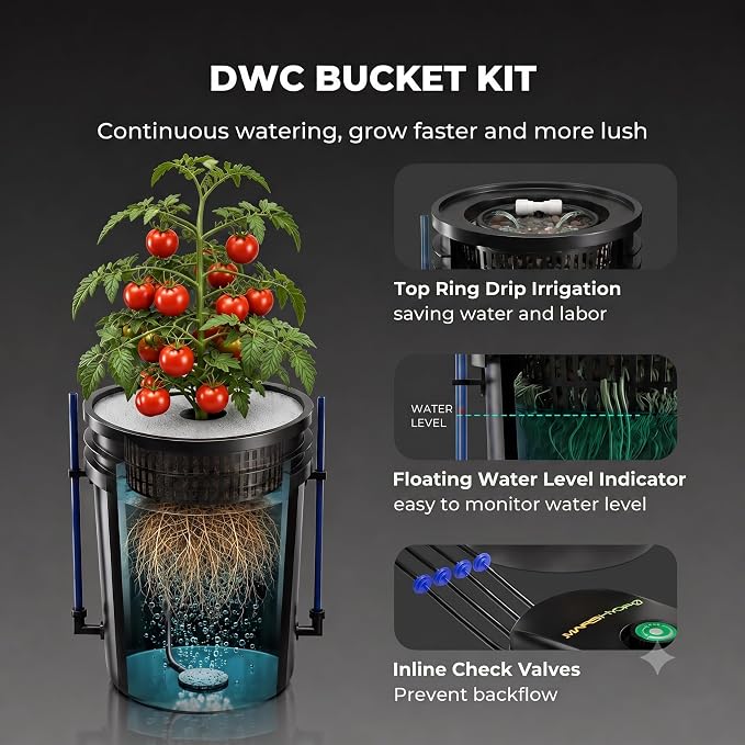 MARS HYDRO DWC 4‑Bucket Hydroponic System with Pump & Drip | 5 Gallon Capacity, 11W Air Pump, Air Stone & Hose, Recirculating Top Drip, Deep Water Culture Design