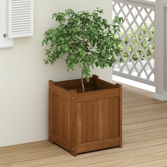 Furinno TIOMAN Planter Box, Hardwood Flower Box, Cube Garden Box, in Teak Oil, Outdoor Indoor, Garden, Patio, Balcony, Light Wood