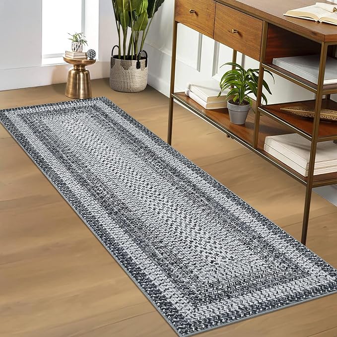 RUGSREAL Washable 2x10 Runner Rug for Hallway Kitchen Modern Runner Rugs | Long Runner Throw Carpet with Rubber Backing, Stain Resistant Braided Printed Entryway Carpet for Bedroom Living Room, Grey