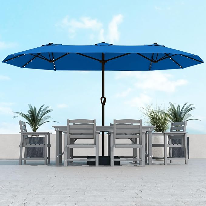 Kingdura 15ft Large Patio Umbrella with Solar Lights, Double-Sided Rectangle Outdoor Table Umbrella with Base Included, 12 Reinforced Ribs, 48 Led Lights, Crank Lift for Market Pool Deck, Royal blue