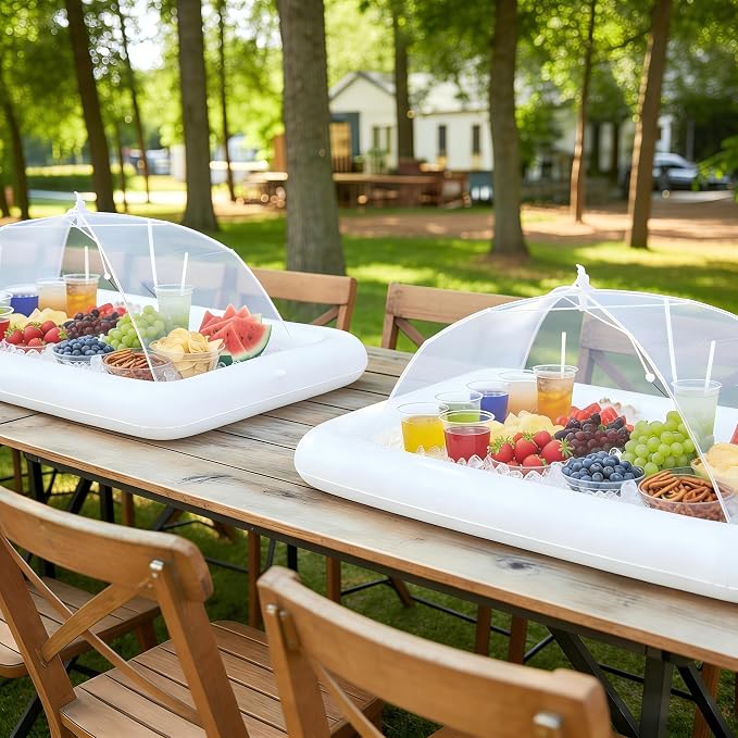 HBlife Inflatable Serving Bar with Jumbo Mesh Food Cover, Party Supplies for Picnics BBQ Gathering, 3 Inflatable Cooler, 3 Large Food Tents Food Covers for Outside