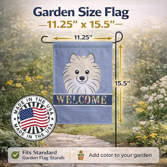 Caroline's Treasures BB1393GF Pomeranian Welcome Garden Flag, Blue Mailbox Flag Decorative Yard Flag Banner Outside Patio Artwork Yard Flower Beds, Garden Size, Multicolor