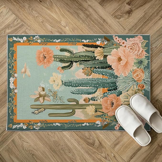 2x3 Cactus Flower Area Rugs Boho Tropical Floral Botanical Green Rug for Bathroom Kitchen Entryway Indoor Soft Non-Slip Thin Carpet Modern Rugs for Dining Room Under Table Washable Machine