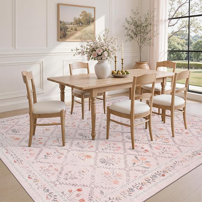 DCX Washable 8x10 Pink Floral Rug for Girls Bedroom | Soft Cottagecore Rug for Baby Girl Nursery, Non Slip Low Pile, Kid & Pet Friendly Vintage Botanical Carpet