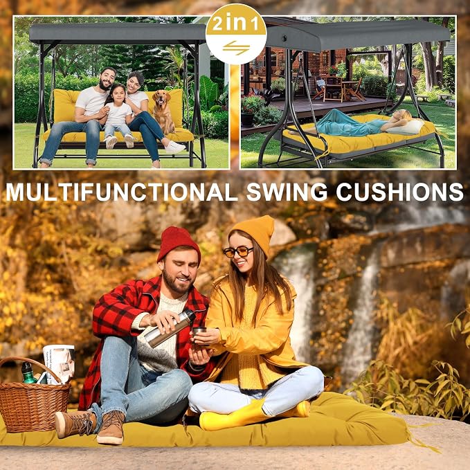 Extra Thick 5" Waterproof Outdoor Swing Cushions Porch 60" Swing Cushions 3 Seater Replacement with Backrest and Ties for Outdoor Furniture Patio Bench Garden(Yellow 60×40×5")