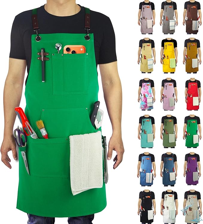 Kitchen Apron, Work Apron, Canvas Apron, Green | Multiple Pockets, Gardening, Painting, BBQ, Carpenter, Sizes M to XXL