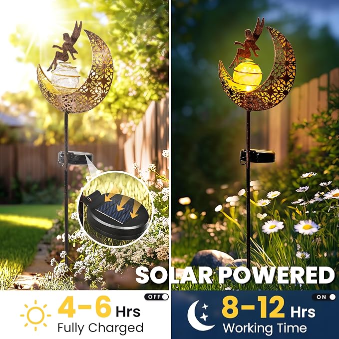 Fairy Garden Solar Lights Outdoor Decor, Moon Garden Stakes, Waterproof Outdoor Metal Decorations Gifts for Women and Mom, Art Moon Sculpture for Walkway, Yard, Patio, Garden and Porch, 2 Pack