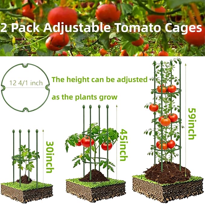 2 Pack Heavy Duty Tomato Cages for Garden, 59 Inch Tall Adjustable Metal Tomato Plant Support for Pots, Round Trellis for Climbing Plants Outdoor, Vegetable, Cucumber, Beans