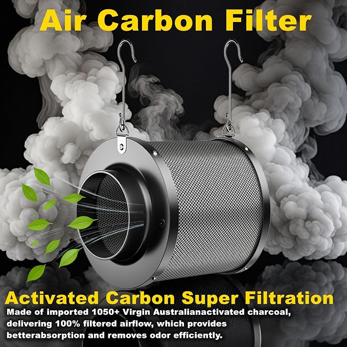 Air Filtration Kit, 4" 190 CFM Inline Duct Fan with Speed Controller, 12" High Carbon Filter, 8 Ft Ducting & Rubber Coupler, Air Cooling and Filtration Kit for Grow Tent, Hydroponics