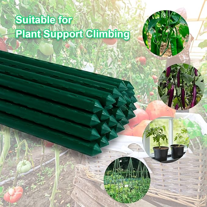 Jollybower 25pcs Steel Plant Stakes 3 Feet,Sturdy Plant Sticks, Plastic Coated Metal Garden Stakes Supports Climbing for Tomato, Bean, Flowers, Tree Potted