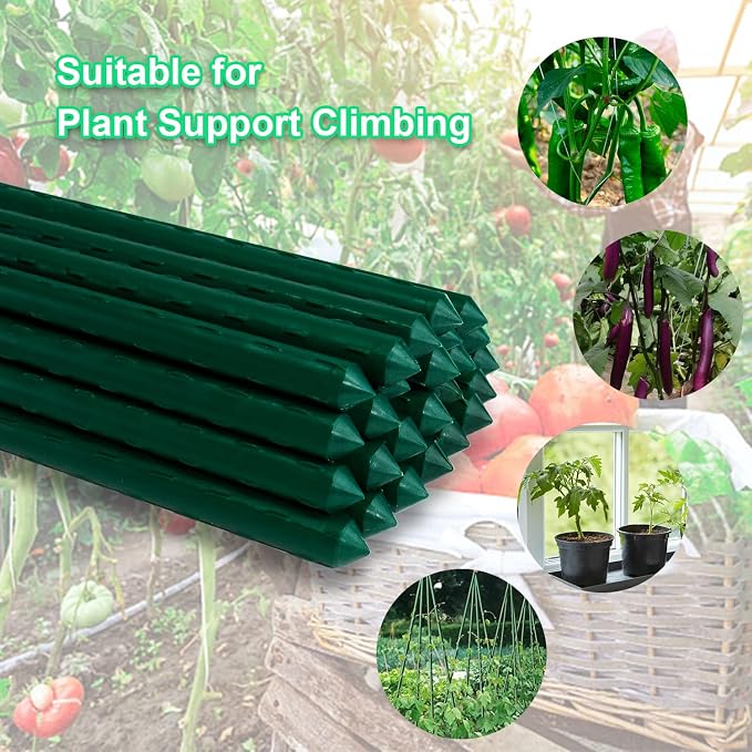 Jollybower 25pcs Steel Plant Stakes 4 Feet,Sturdy Plant Sticks, Plastic Coated Metal Garden Stakes Supports Climbing for Tomato, Bean, Flowers, Tree Potted