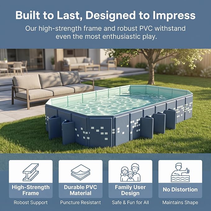 Foldable Pool Non-Inflatable, Large Collapsible Swimming Pool for Kids Adults, Hard PVC Board, 10 Triangle Supports, Family Backyard Outdoor Pool, Blue（86.6" × 53.1" × 19.7"）