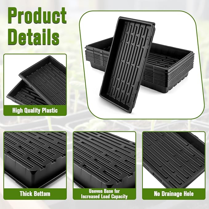 CMOOD 10 Pack 1020 Trays Heavy Duty Extra Thick Seed Starting Trays, Plant Trays for Seedlings, Plant Germination, Propagation Tray, Nursery Trays, Microgreen Growing Trays-No Drain Holes, Reusable