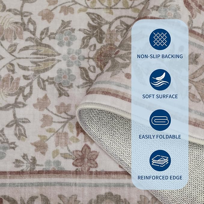 GarveeHome Washable 5x7 Area Rugs for Living Room Bedroom Beige Pink | Boho Vintage Non Slip Soft Low Pile Stain Resistant Indoor Carpet for Farmhouse Dining Room Nursery Home Office