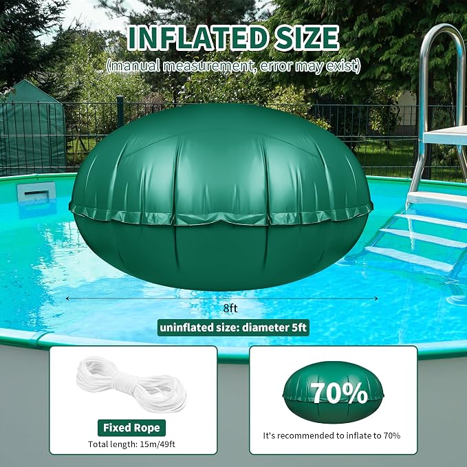 CACSPS Round Pool Pillow for Above Ground Pools, 10Ft Air Pillow for Closing Winter Winterizing Kit, 0.5mm PVC Material, 2X 16.5Ft Rope (Green)