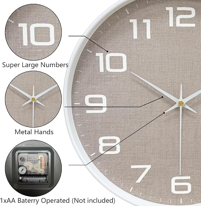 Silent Wall Clock with Large Numbers, 10 Inch Battery Operated Analog Clock with Tempered Glass Burlap Texture Non-Ticking Wall Clocks for Living Room Bedroom Kitchen Office Classroom,White