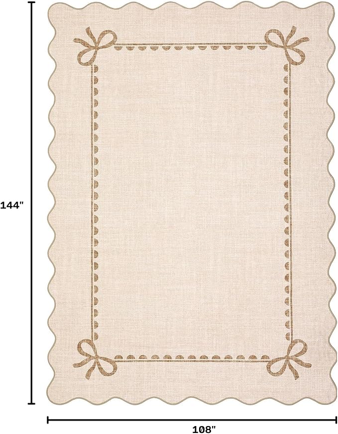 GarveeHome Scalloped Bow Rug 9x12 Washable Beige Rug for Living Room | Non Slip Soft Low Pile Large Indoor Carpet for Nursery Girls Bedroom Decor Hallway Kids Room College Dorm Playroom
