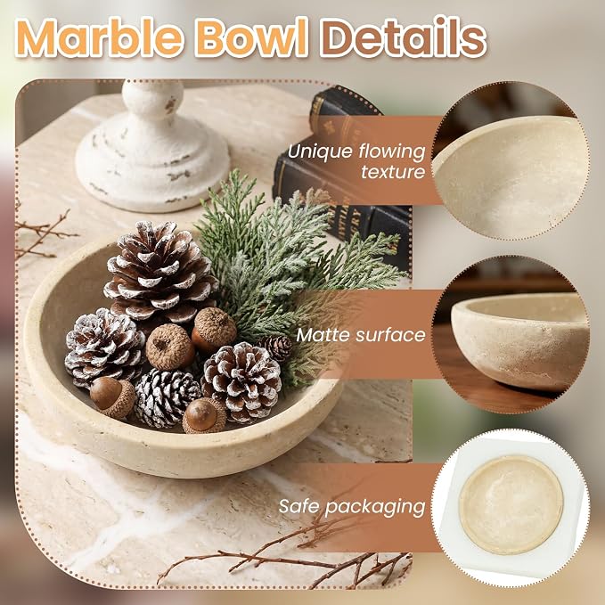 Travertine Marble Bowl & Decorative Bowl, 7.8" Modern Home Decor Key Bowl for Entryway, Natural Stone Centerpiece for Coffee Table, Ring Tray, Housewarming Gifts (Natural Color)