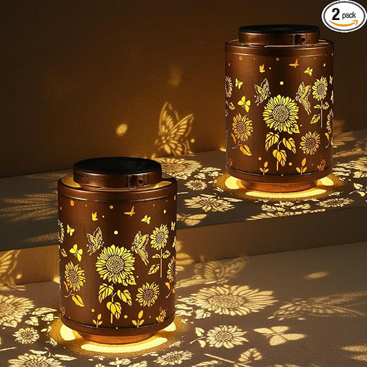 2 Pack Solar Outdoor Lanterns,Butterflies Garden Decor LED Light Hanging Waterproof Solar Metal Lanterm Gifts for Women Mon Grandma Sunflower Solar Lights Outdoor Decoration