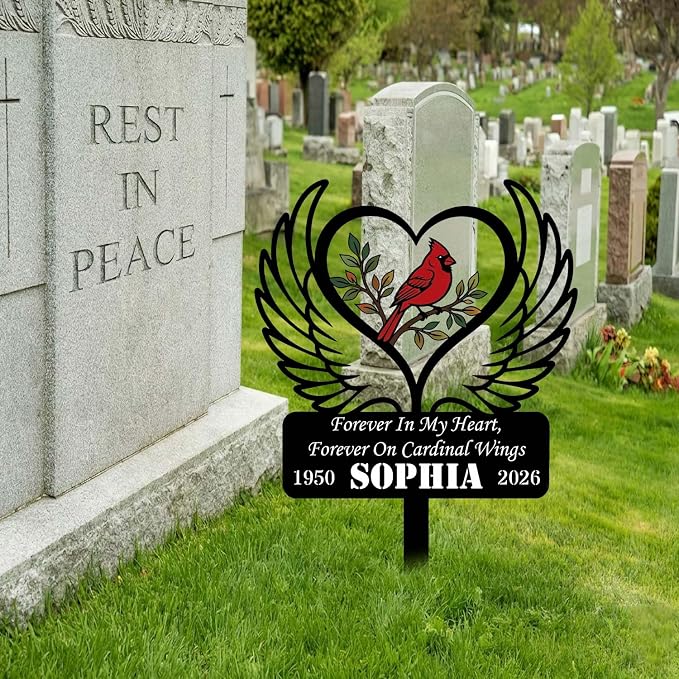 Personalized Cardinal Garden Sign with Stakes, Custom Name Sign, Yard Decor Outdoor, Memorial Gift for Mom, Garden Plaque Sympathy Gifts, loss loved Ones Cardinal Sign with Angel Wings