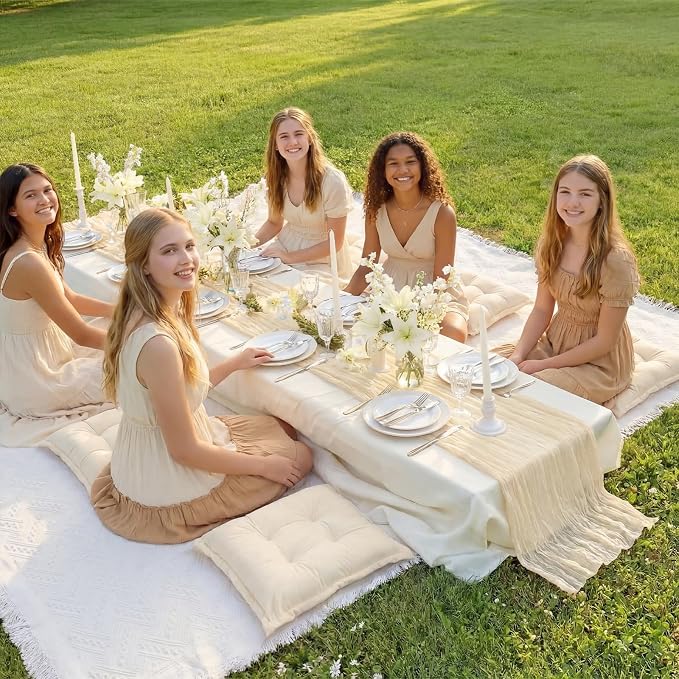 Extra Large Outdoor Picnic Blanket with Table Runner and Floor Pillow Cushion for Picnic Wedding Birthday Baby Shower Backyard Decor(91 x 71'',Light Beige,8 Pcs)