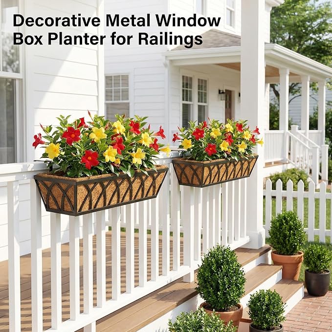 HFHOME 24 inch 2 Pack Railing Planter Boxes, Heavy Duty Window Box Planters, Adjustable Balcony Planters for Railing Hanging, with Coco Liner & Support Rod for Deck, Porch, and Patio Gardening