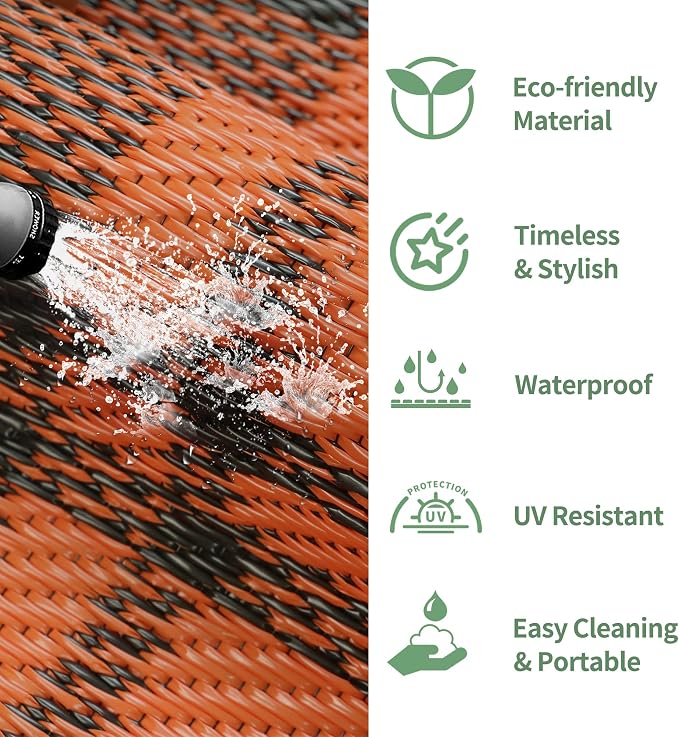 GENIMO Waterproof Outdoor Rug for Patio Clearance, 3'x5' Reversible Plastic Straw Rugs, Lightweight RV Camping Mat for Camper, Balcony, Deck, Backyard, Picnic, Black Orange Plaid