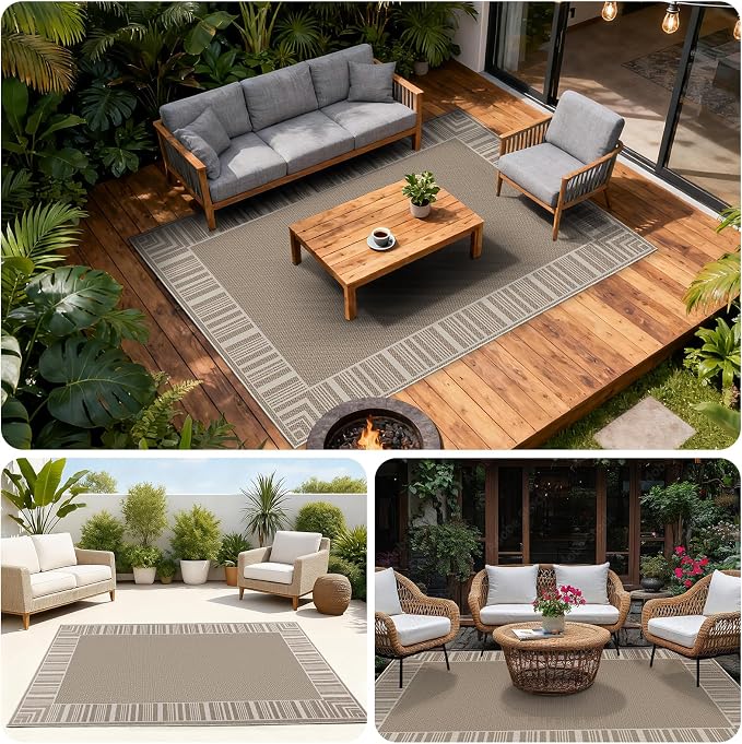 COZYLOOM Indoor Outdoor Rugs 8x10 Easy Jute Washable Area Rug, Beige Brown | Modern Non Slip Neutral Border Non Shedding Stain Resistant Foldable Rug for Living Room Dining Room Bedroom Patio Backyard