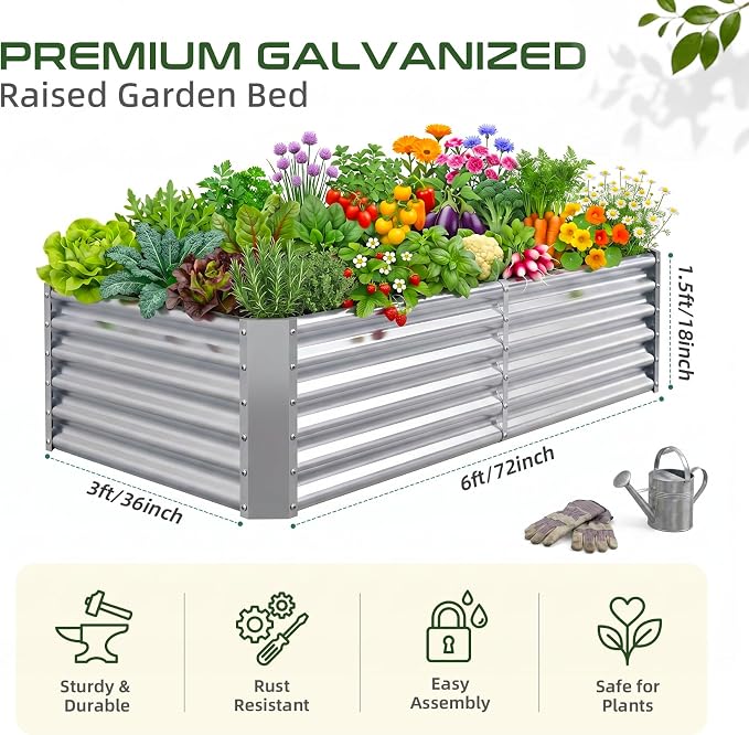 AHEONLAR 2 Pack 8×4×1.5ft Galvanized Raised Garden Beds Outdoor, Rectangle Sturdy and Durable Planter Boxes for Vegetables, Fruits, Flowers and Plants, Easy Assembly, Silver