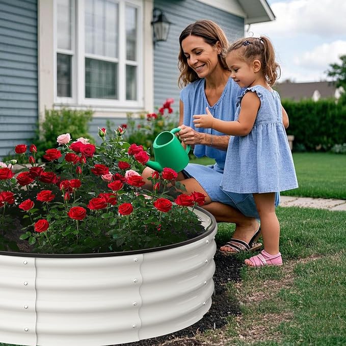 Garvee Galvanized Raised Garden Bed, 2Pcs Raised Garden Beds Outdoor, Round Planter Raised Beds with Gloves and Rubber Edge Trim for Vegetables, Flowers and Herbs, 2x2x1 FT, White