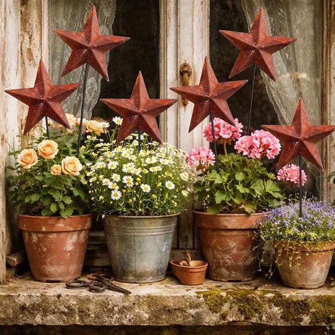 Pickmesh 6 Pcs 12" H Rusty 4th of July Outdoor Decor Patriotic Yard Decor Metal Yard Sign Antique Primitives Star Garden Stake 250th Anniversary Rustic American Sign for Outdoor Independence Day