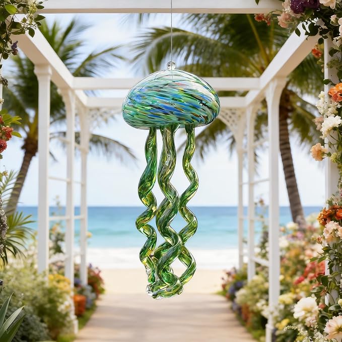 H&D HYALINE & DORA Sea Blown Glass Wind Chimes for Outside Jellyfish Wind Chimes 10 Inch Ocean Beach Themed Chime Gift Sea Glass Hanging Decor for Patio, Window & Garden