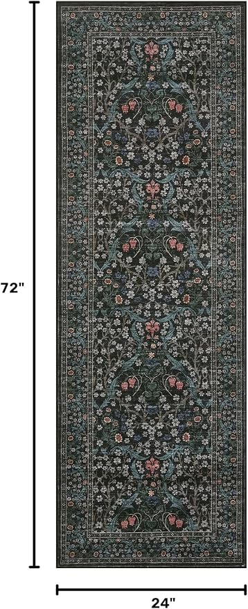 GarveeHome Dark Black Floral 2x6 Washable Kitchen Runner Rug | Vintage Stain Resistant Rugs for Entryway Hallway Bedroom Bathroom Low-Pile Non-Slip Soft Botanical Boho Rug TPE Backing