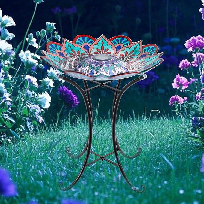 MUMTOP Bird Baths for Outdoors, Glass Large Solar Bird Bath Bowl with Metal Stand, Kaleidoscope Bird Feeders for Outside and Garden, Patio,Lawn Decor (Flower Edge)