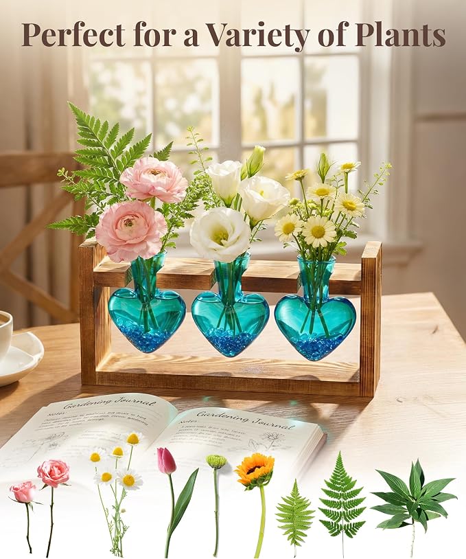 Nacome Plant Terrarium Propagation Stations: Mothers Day Gifts for Mom Plant Lovers Women Wife Daughter - 3 Bulb Glass Vases with Wooden Stand Tabletop for Hydroponics Home Garden Decor