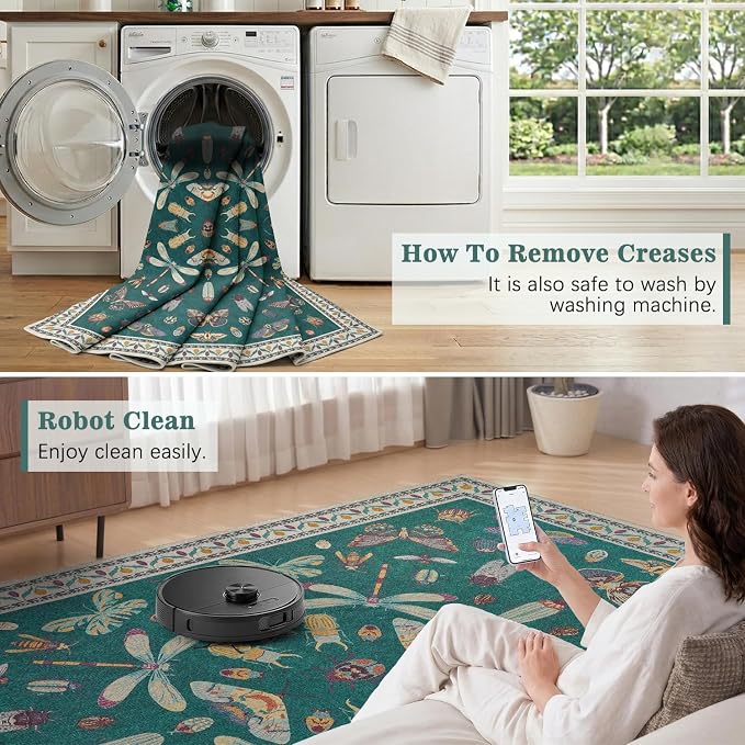 DCX 4x6 Washable Bug Rug for Living Room, Soft Low Pile Rug, Deep Teal | Easy to clean, non-shedding, soft, kid & pet friendly, with a non-slip rubber backing for bedrooms, and nature-themed decor