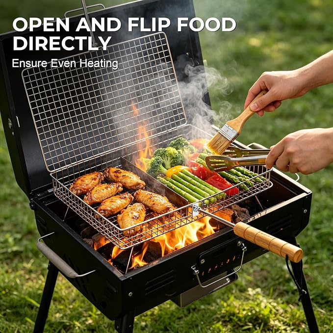 Grill Baskets for Outdoor Grill,Removable Wooden Handle and Divider Panel,BBQ Accessories for Grilling Fish,Veggies,Shrimp,Meat,Premium 304 Stainless Steel,Grilling Tools for Outdoor Cooking & Picnics,Gifts for Father’s Day,Birthday,Festival,Anniversary
