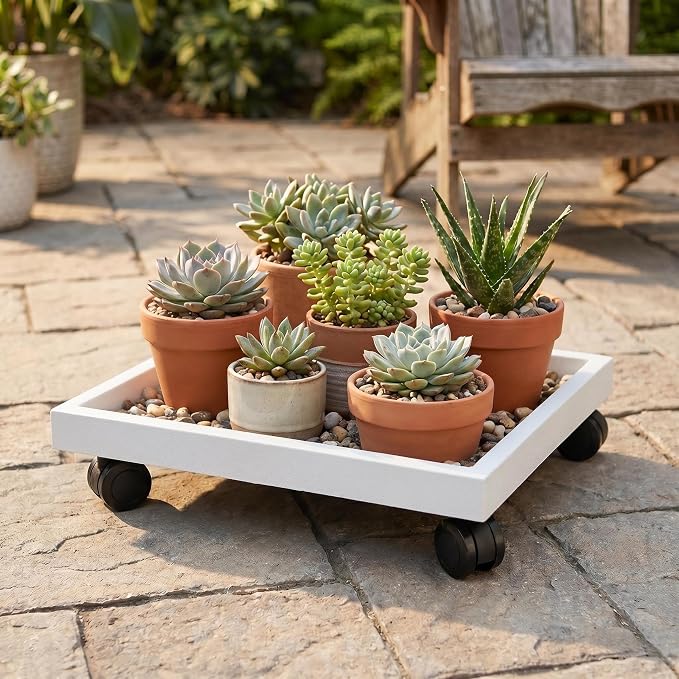 9.8 Inch Square Rolling Plant Caddy Saucer with Wheels, Heavy Duty Wheeled Planter Stand for Potted Plant, Coaster Roller Base Tray with Casters, Flower Pot Dolly Holder for Indoor Outdoor