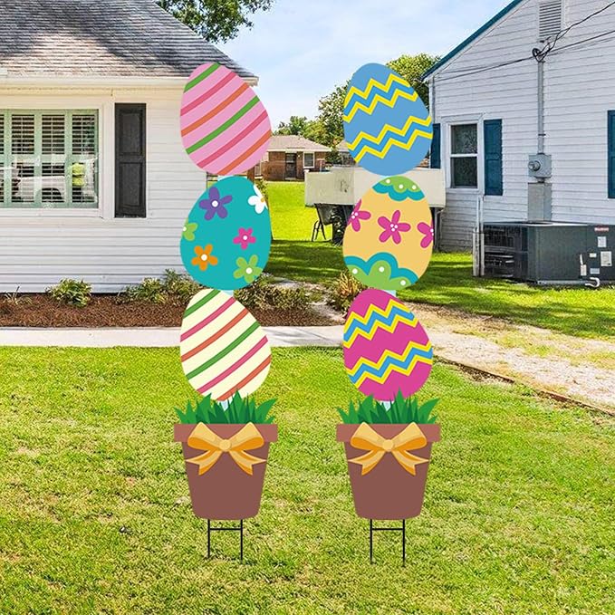 Bunny Chorus Large Metal Easter Egg Flower Pot Yard Signs: 2pcs, Multicolored, Farmhouse Style, Easter Decor with Stakes, Lawn & Garden Decor